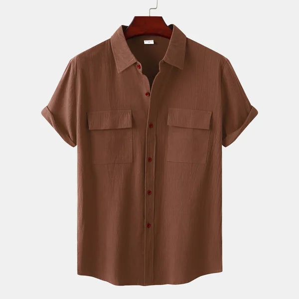 Men's solid colour casual cotton linen short sleeve shirt