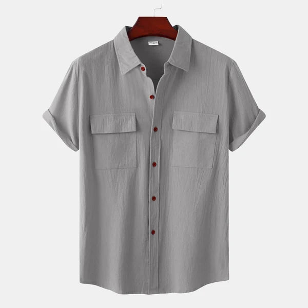 Men's solid colour casual cotton linen short sleeve shirt