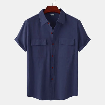 Men's solid colour casual cotton linen short sleeve shirt