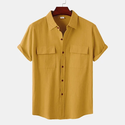 Men's solid colour casual cotton linen short sleeve shirt